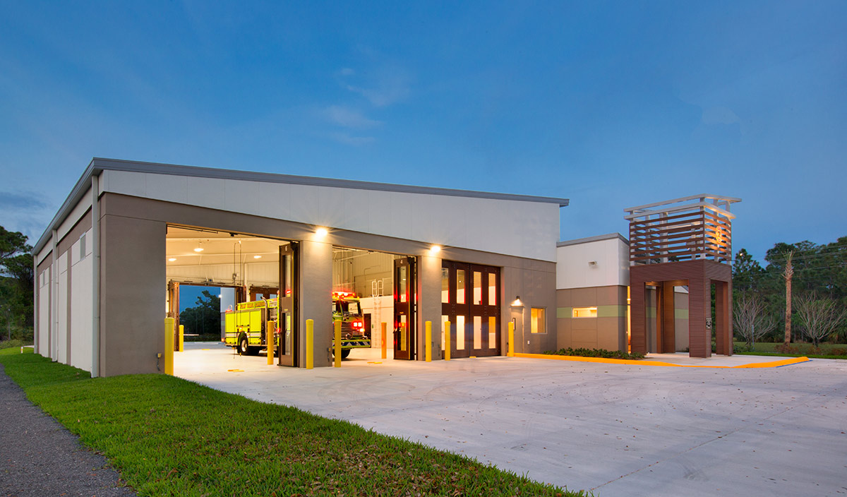 Architectiural dusk view of Palm Beach Gardens fire and rescue.